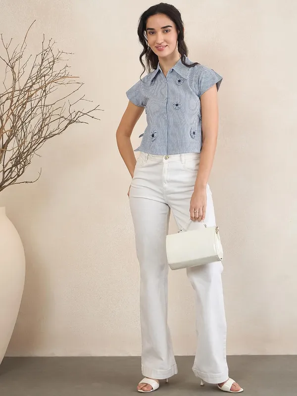 Women_Striped_Cotton_Crop_Shirt_With_Applique_Tie_Up_Detail_Floral_Embellishments_Flutter_Sleeves_Shirt_Collar