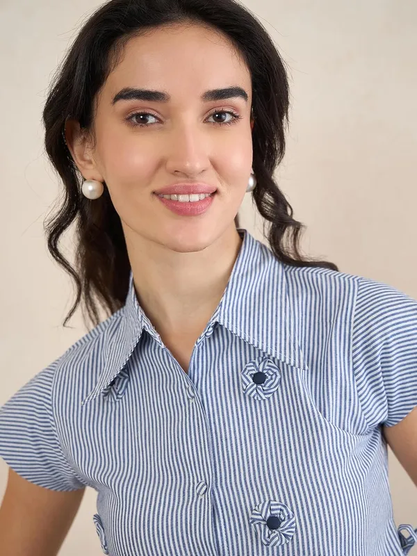 Women_Striped_Cotton_Crop_Shirt_With_Applique_Tie_Up_Detail_Floral_Embellishments_Flutter_Sleeves_Shirt_Collar