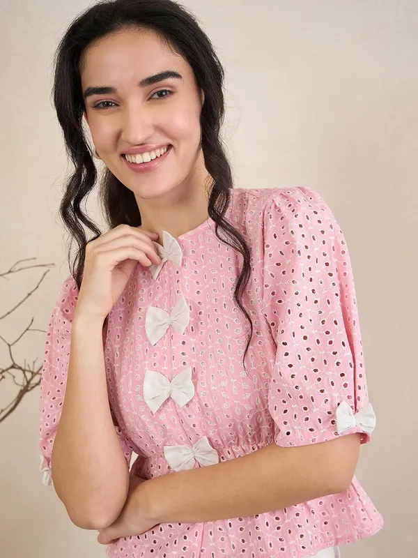 Women_S_Schiffli_Peplum_Top_Bow_Detail_Round_Neck_Half_Sleeves