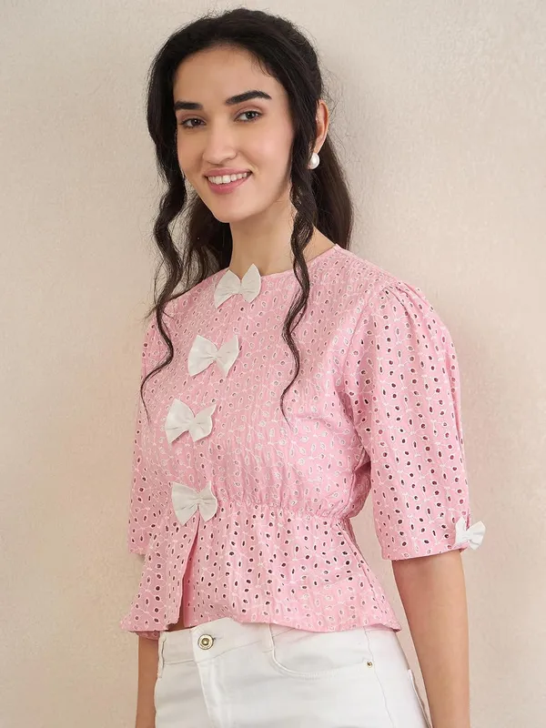 Women_S_Schiffli_Peplum_Top_Bow_Detail_Round_Neck_Half_Sleeves