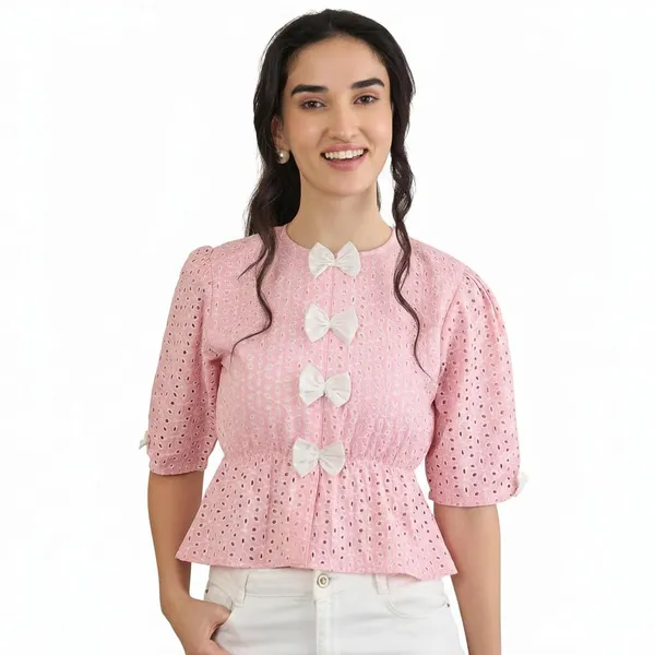 Women_S_Schiffli_Peplum_Top_Bow_Detail_Round_Neck_Half_Sleeves