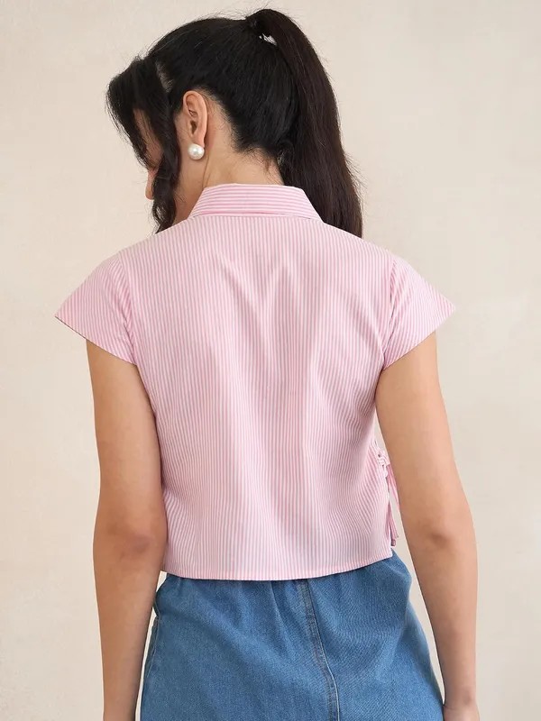 Women_Striped_Cotton_Crop_Shirt_With_Applique_Tie_Up_Detail_Floral_Embellishments_Flutter_Sleeves_Shirt_Collar