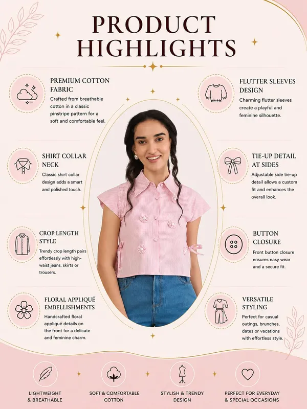 Women_Striped_Cotton_Crop_Shirt_With_Applique_Tie_Up_Detail_Floral_Embellishments_Flutter_Sleeves_Shirt_Collar