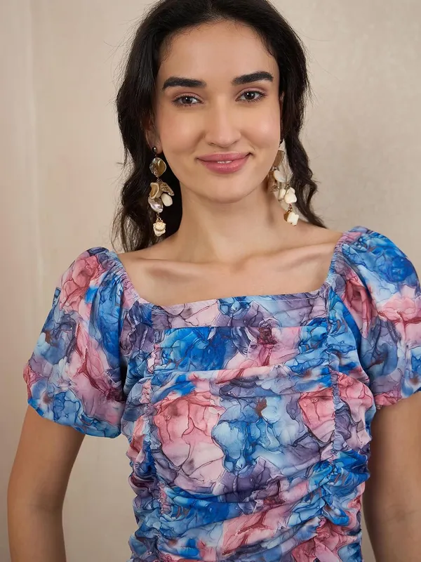 Women_S_Abstract_Marble_Print_Ruched_Mini_Dress_Square_Neck_Puff_Sleeves_Blue_Pink