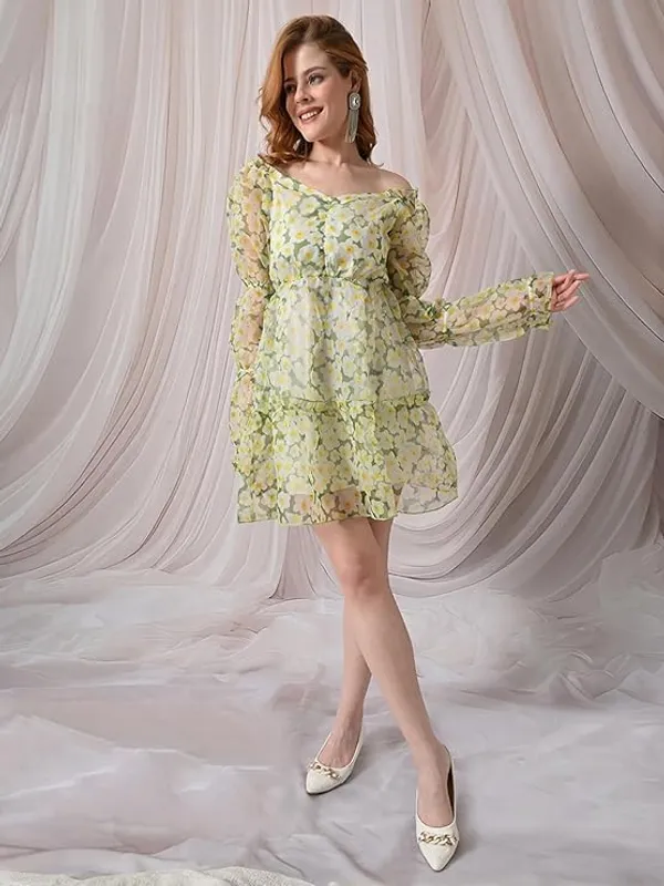 Women_S_Floral_Printed_Organza_Short_Dress_V_Neck_Long_Puff_Sleeves_Tiered_A_Line_Fit_Flare_Dress_Casual_Party_Vacation_Wear