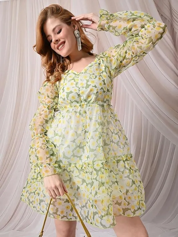 Women_S_Floral_Printed_Organza_Short_Dress_V_Neck_Long_Puff_Sleeves_Tiered_A_Line_Fit_Flare_Dress_Casual_Party_Vacation_Wear