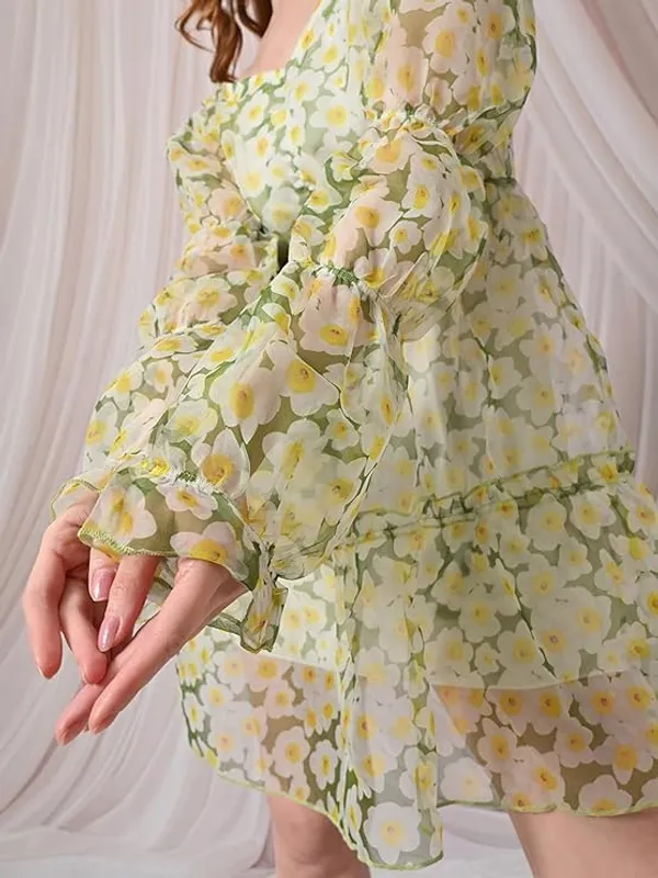Women_S_Floral_Printed_Organza_Short_Dress_V_Neck_Long_Puff_Sleeves_Tiered_A_Line_Fit_Flare_Dress_Casual_Party_Vacation_Wear