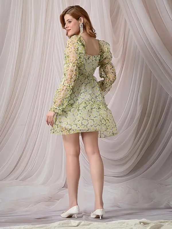 Women_S_Floral_Printed_Organza_Short_Dress_V_Neck_Long_Puff_Sleeves_Tiered_A_Line_Fit_Flare_Dress_Casual_Party_Vacation_Wear
