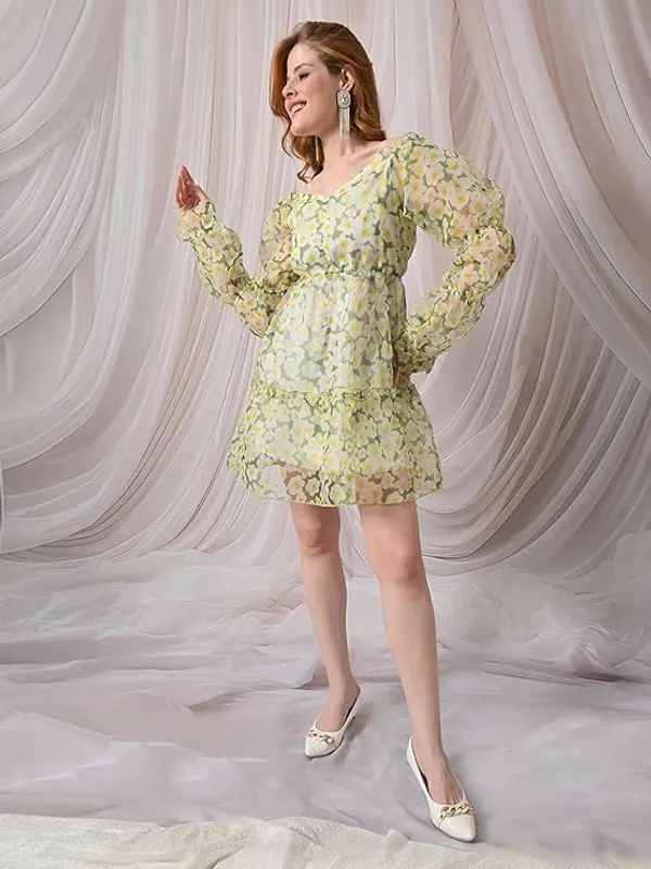 Women_S_Floral_Printed_Organza_Short_Dress_V_Neck_Long_Puff_Sleeves_Tiered_A_Line_Fit_Flare_Dress_Casual_Party_Vacation_Wear