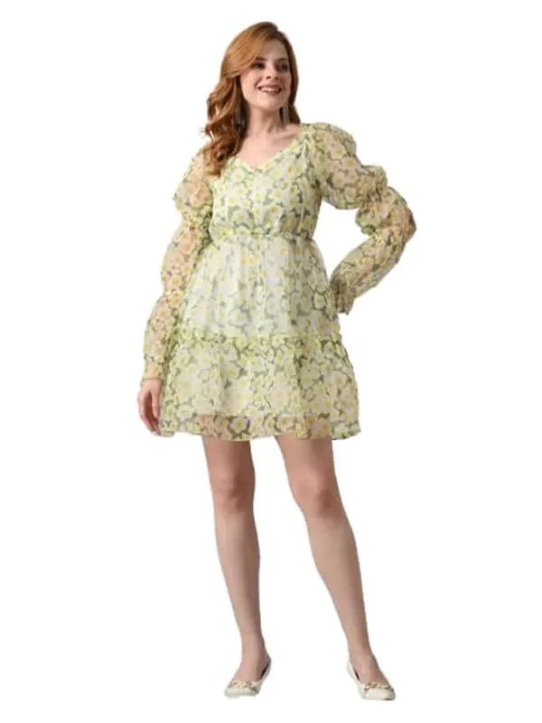 Women_S_Floral_Printed_Organza_Short_Dress_V_Neck_Long_Puff_Sleeves_Tiered_A_Line_Fit_Flare_Dress_Casual_Party_Vacation_Wear