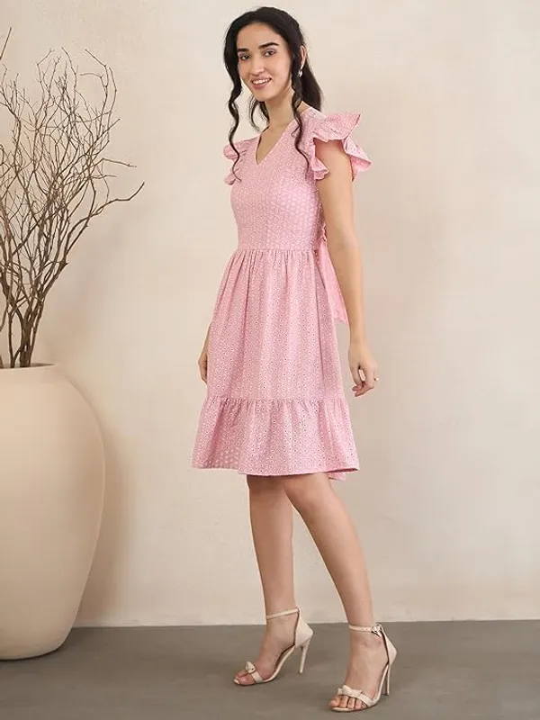 Women_S_Schiffli_Cotton_Dress_V_Neck_With_Ruffle_Sleeves_Backless_Bow_Detail_Tiered_Hem