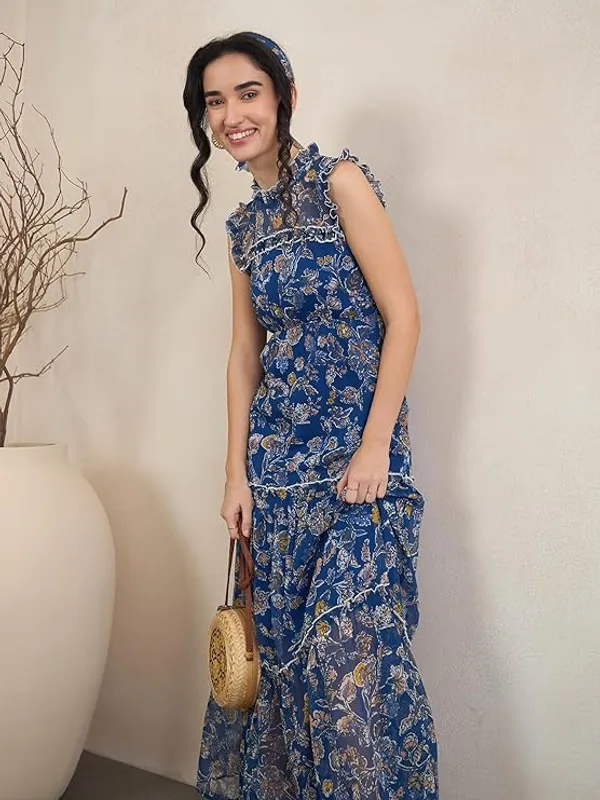 Women_S_Floral_Print_Chiffon_Maxi_Dress_Tiered_With_Ruffle_Neck_Sleeveless