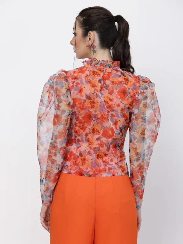 Orange_Sheer_Floral_High_Neck_Top_for_Women