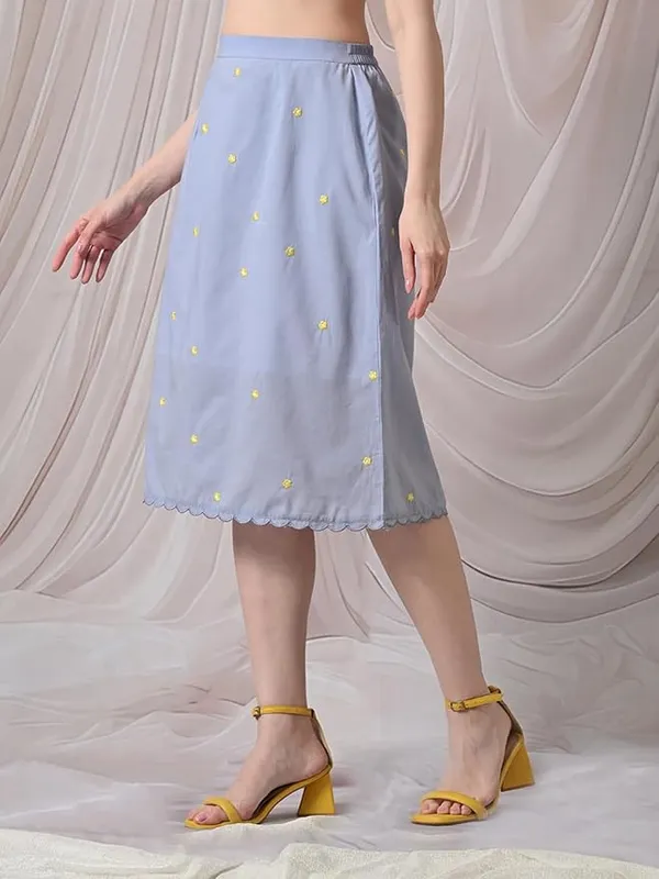 Women's_Light_Blue_A-Line_Midi_Skirt_with_Yellow_Floral_Embroidery,_Elastic_Waist,_Scallop_Hem