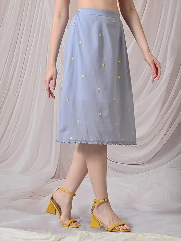 Women's_Light_Blue_A-Line_Midi_Skirt_with_Yellow_Floral_Embroidery,_Elastic_Waist,_Scallop_Hem