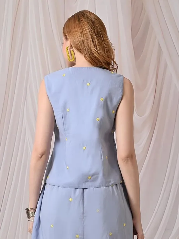 Women's_Waistcoat_Pure_Cotton_Embroidered_Sleeveless_Light_Blue_with_Yellow_Floral_Embroidery,_V-Neck,_Button-Down