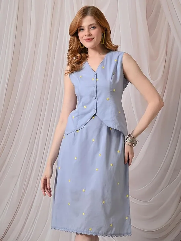 Women's_Waistcoat_Pure_Cotton_Embroidered_Sleeveless_Light_Blue_with_Yellow_Floral_Embroidery,_V-Neck,_Button-Down