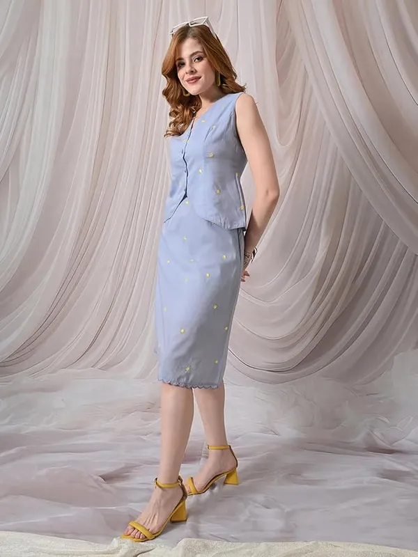 Women's_Waistcoat_Pure_Cotton_Embroidered_Sleeveless_Light_Blue_with_Yellow_Floral_Embroidery,_V-Neck,_Button-Down