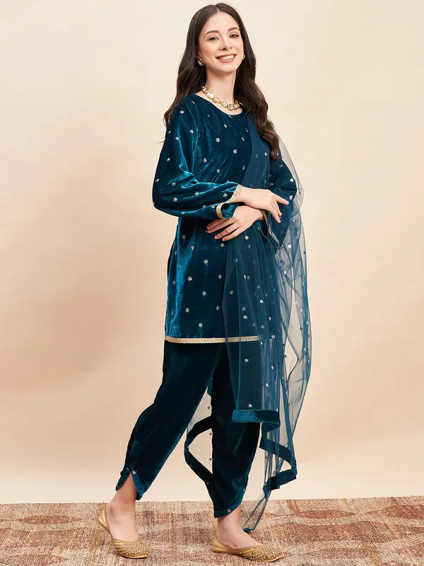Teal_Velvet_Straight_Fit_Salwar_Set_for_Women