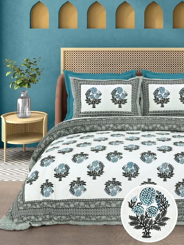 Charcoal_Teal_Printed_Floral_Pattern_King_Size_Bedsheet