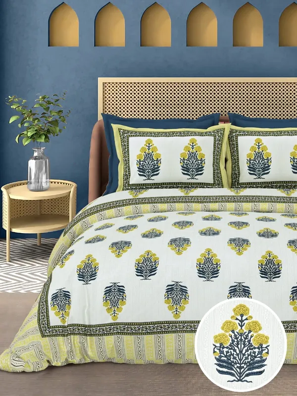 Butter_Yellow_Botanical_Floral_Print_King_Size_Bedsheet_Set