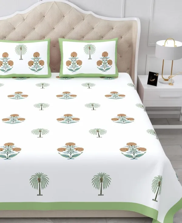 Green_And_White_Botanical_Print_King_Size_Bedsheet
