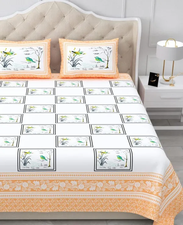 Orange_Botanical_Bird_Print_King_Size_Bedsheet_Set