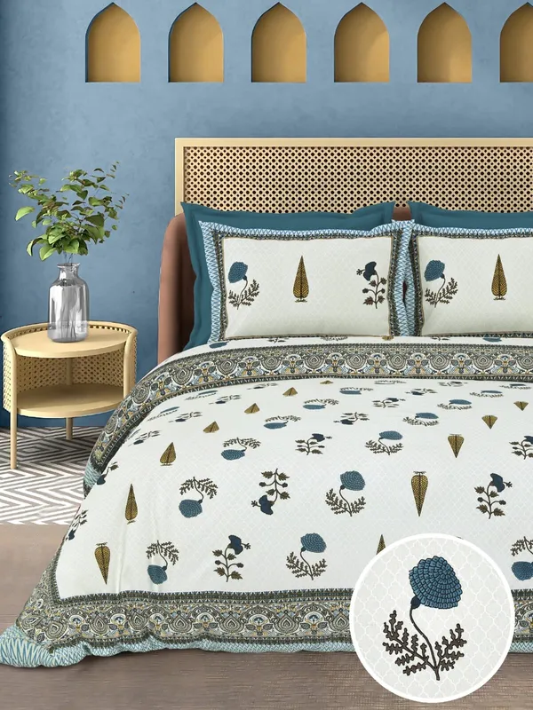 Deep_Teal_Botanical_Floral_Print_King_Size_Bedsheet_Set