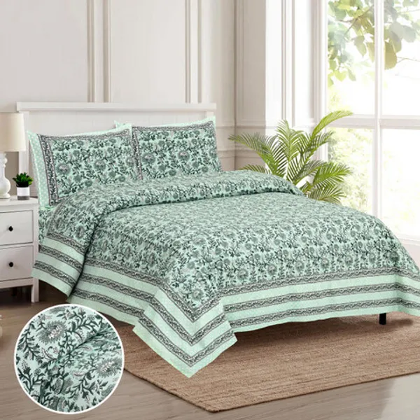 Green_And_White_Floral_Print_King_Size_Bedsheet_Set