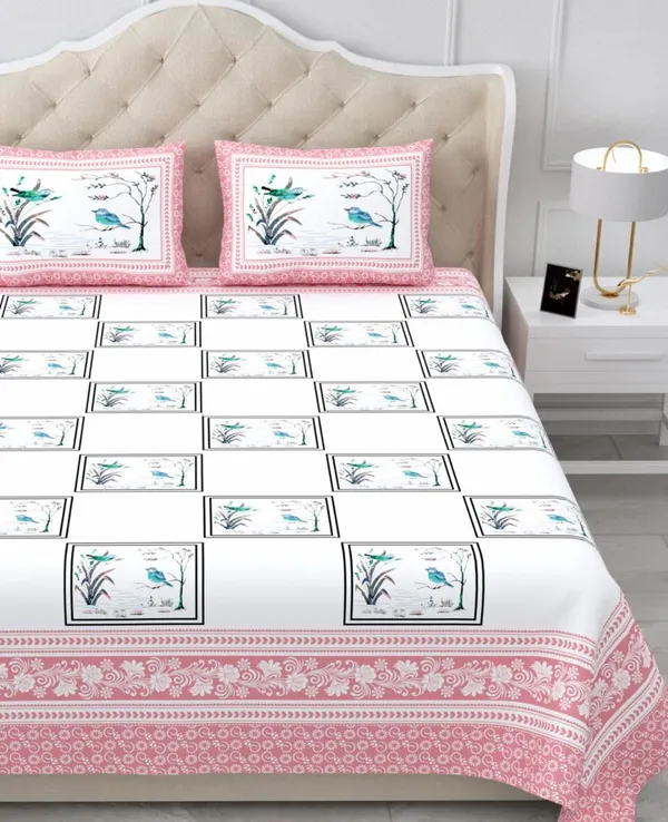 Blush_Pink_Printed_Floral_Bird_King_Size_Bedsheet