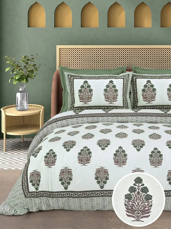Forest_Green_Botanical_Floral_Print_King_Size_Bedsheet_Set