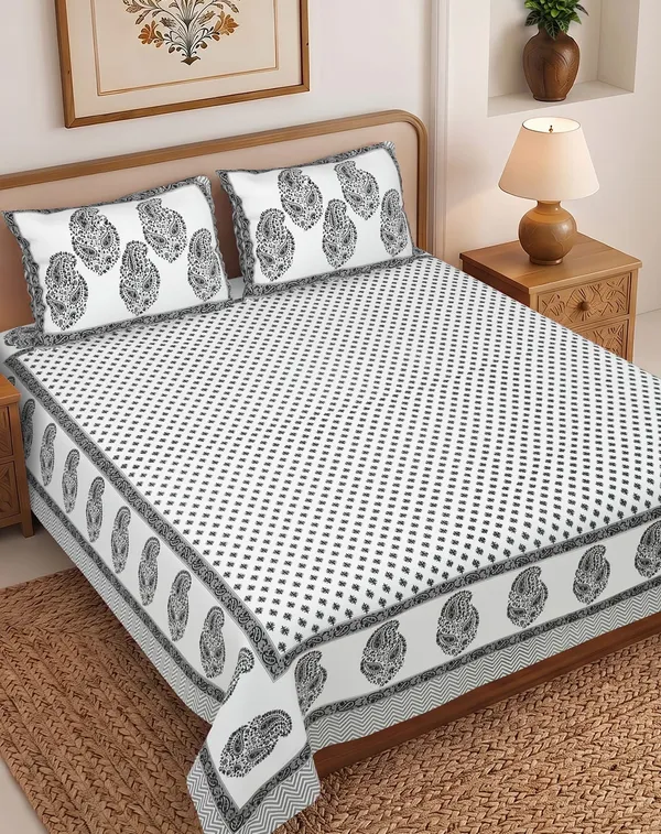 White_Printed_Paisley_Pattern_Bedsheet_Set_Thread_Count_140_GSM_200
