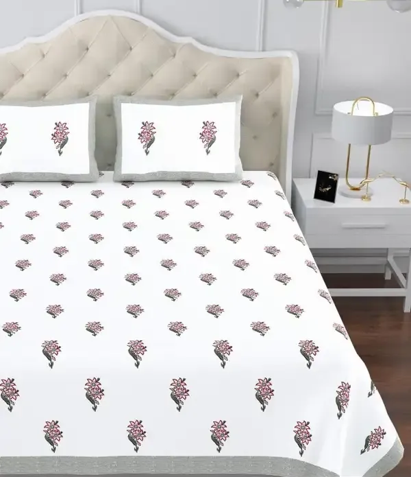 Grey_And_White_Fabric_Floral_Print_King_Size_Bedsheet