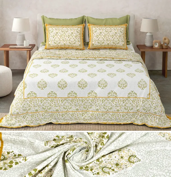 Cream_Floral_Print_King_Size_Bedsheet_Set