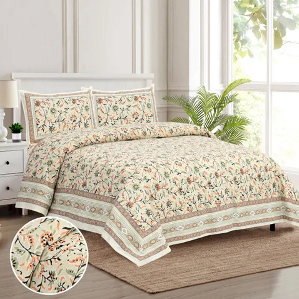 Cream_Fabric_Floral_Print_King_Size_Bedsheet_Set