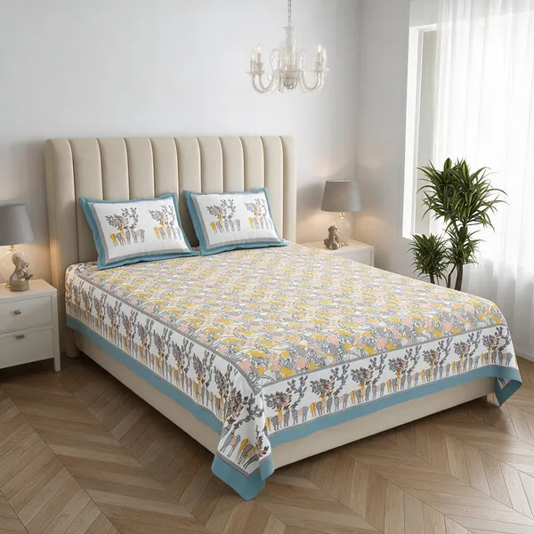 Gold_Blue_Printed_Floral_King_Size_Bedsheet_Set