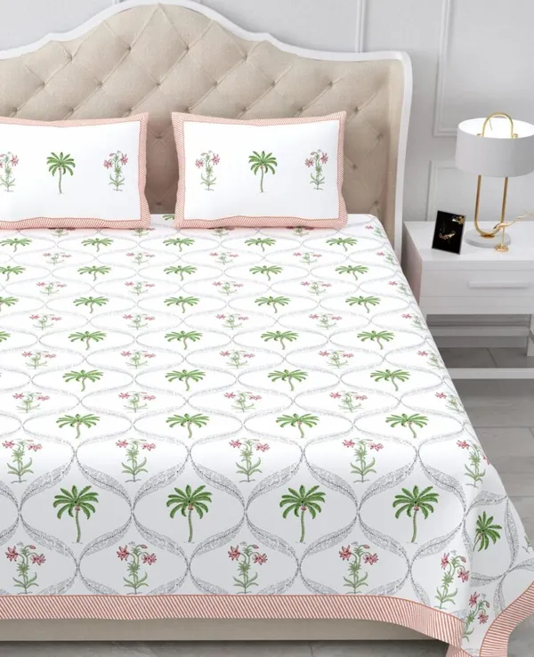 Sage_Green_Printed_Geometric_Palm_Pattern_King_Size_Bedsheet_Set