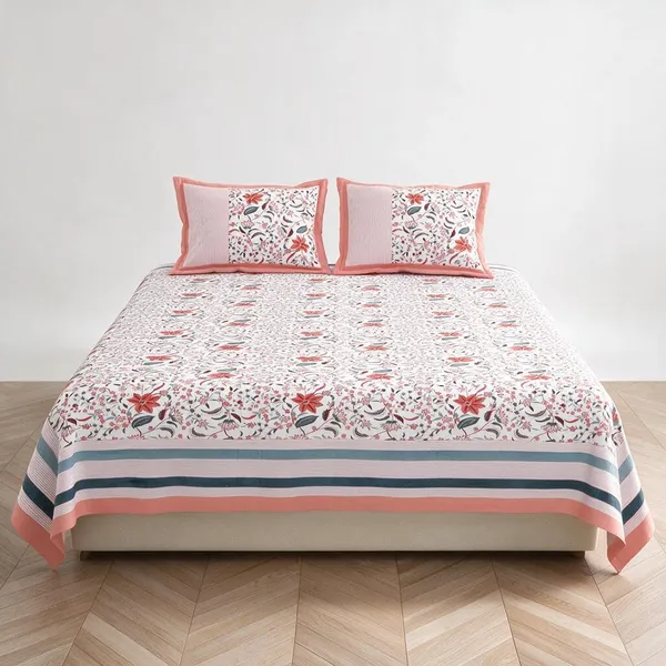 White_And_Pink_Floral_Print_King_Size_Bedsheet