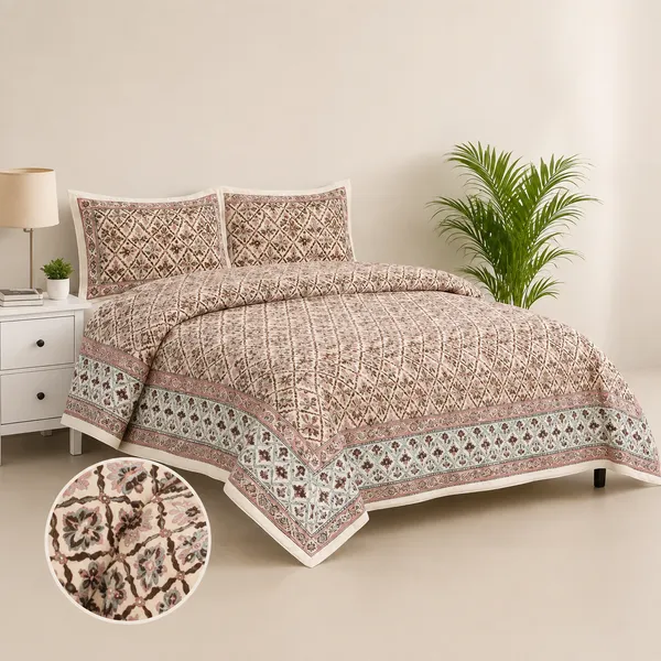 Beige_Printed_Geometric_Floral_Bedsheet_SetThread_Count_140_GSM_200