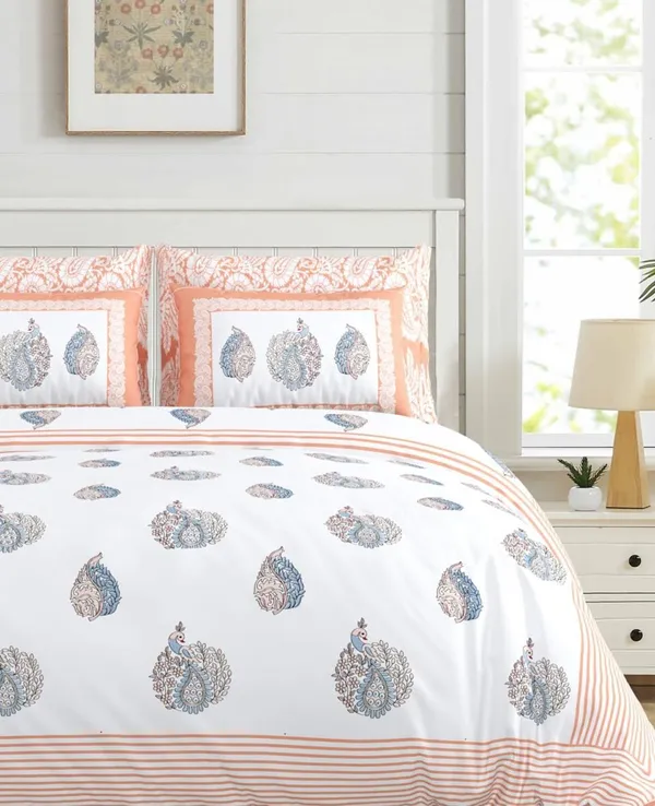 Peach_Printed_Peacock_Pattern_King_Size_Bedsheet