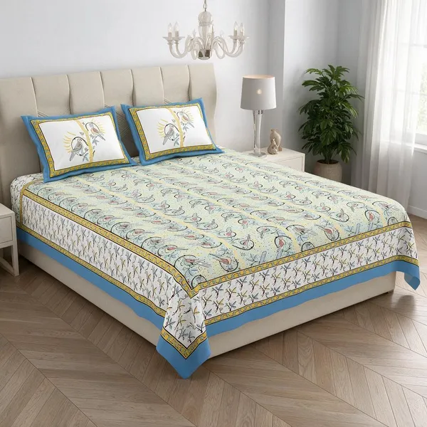 White_And_Blue_Printed_Bird_Pattern_King_Size_Bedsheet