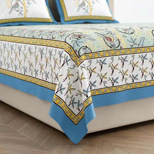 White_And_Blue_Printed_Bird_Pattern_King_Size_Bedsheet