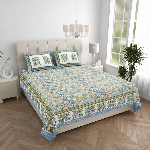 Olive_Yellow_Floral_Print_King_Size_Bedsheet