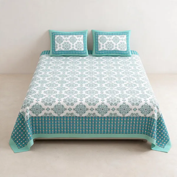 Sky_Blue_Geometric_Floral_Print_King_Size_Bedsheet