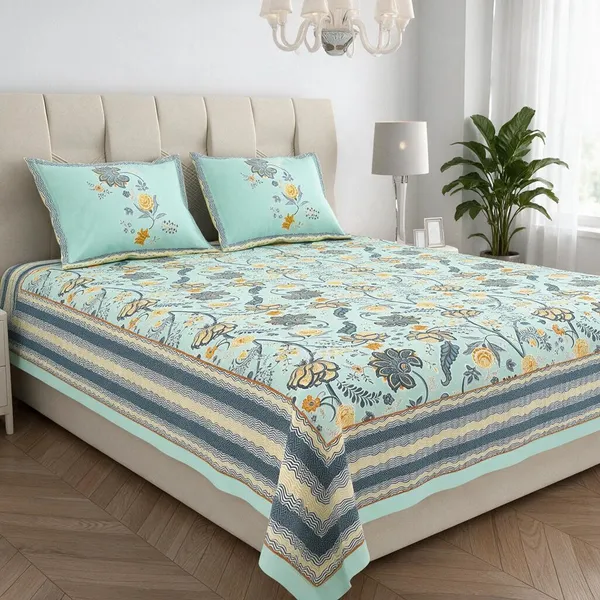 Sea_Green_Floral_Print_King_Size_Bedsheet