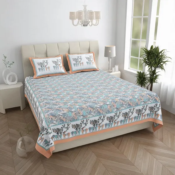 Peach_Floral_Printed_King_Size_Bedsheet
