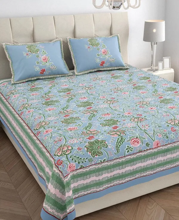 Blue_Floral_Print_King_Size_Bedsheet_Set