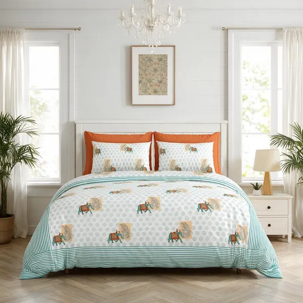 Teal_Green_Printed_Elephant_King_Size_Bedsheet_Set