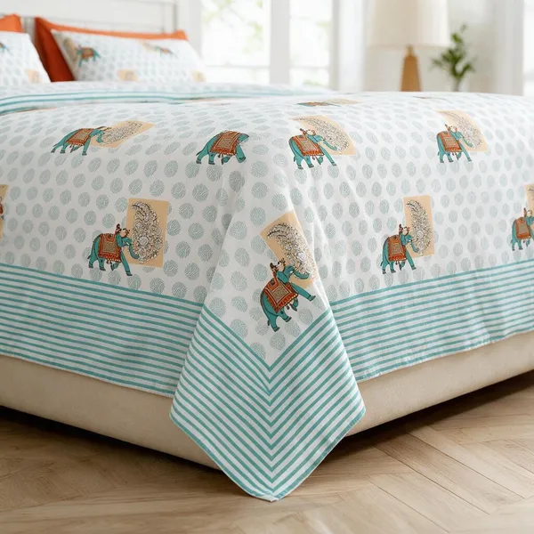 Teal_Green_Printed_Elephant_King_Size_Bedsheet_Set