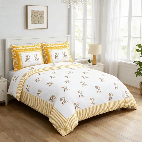 Butter_Yellow_And_White_Floral_Print_King_Size_Bedsheet